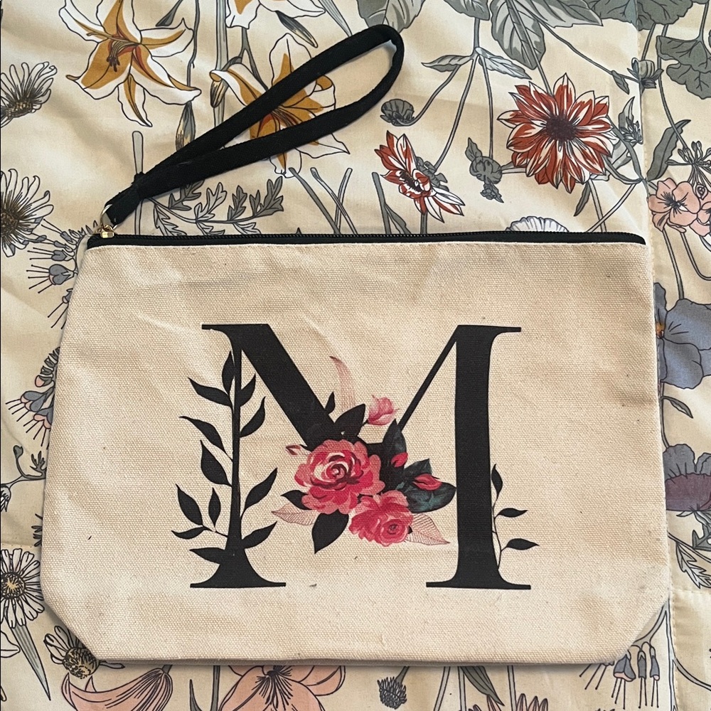 Monogram M Floral Canvas Wristlet - Cream and Black